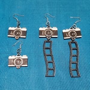 Camera earrings. Two pair of wood 35mm film style cameras